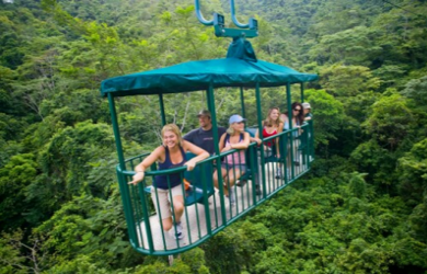 Aerial tram gliding through Costa Rican rainforest canopy with lush green vegetation and biodiversity - Macaws Tours by Pablo C