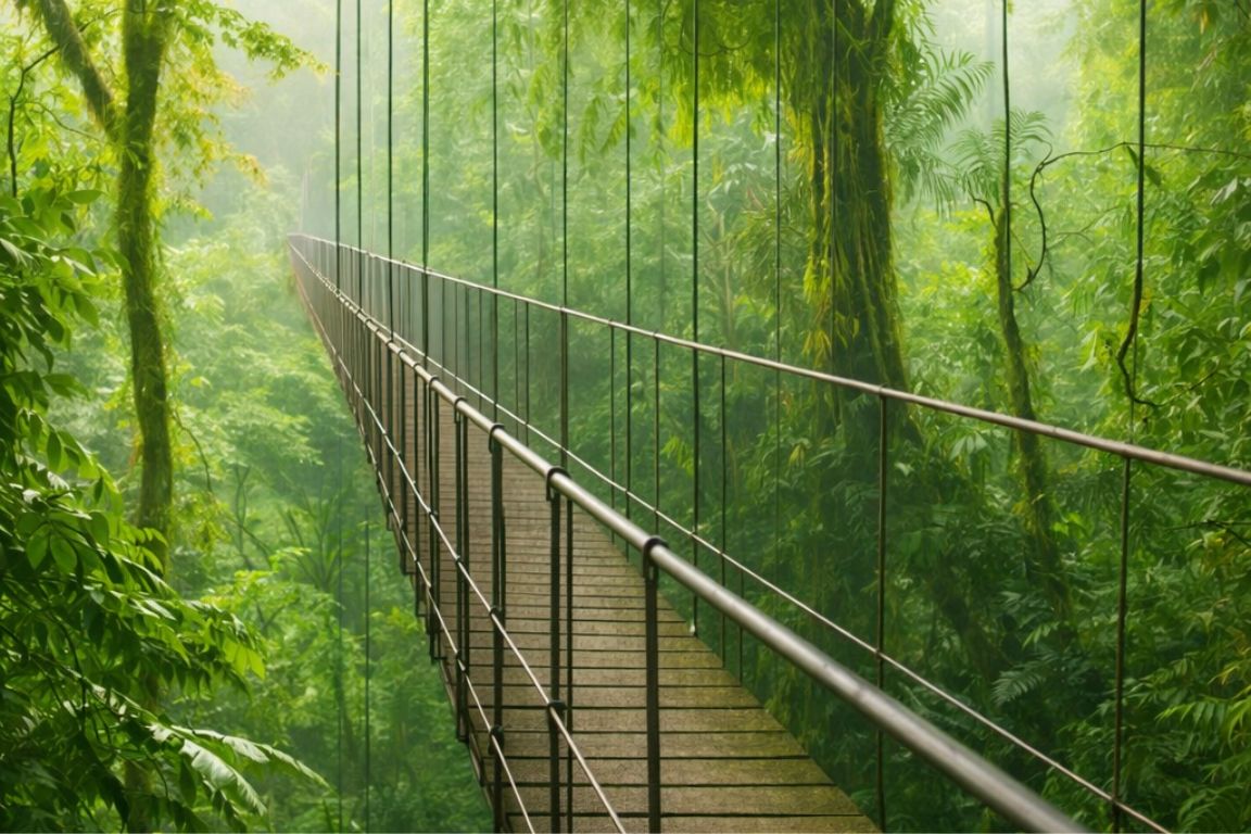 Suspension bridge walk through Arenal rainforest canopy with volcano views and tropical vegetation - Macaws Adventure Tours by Pablo C